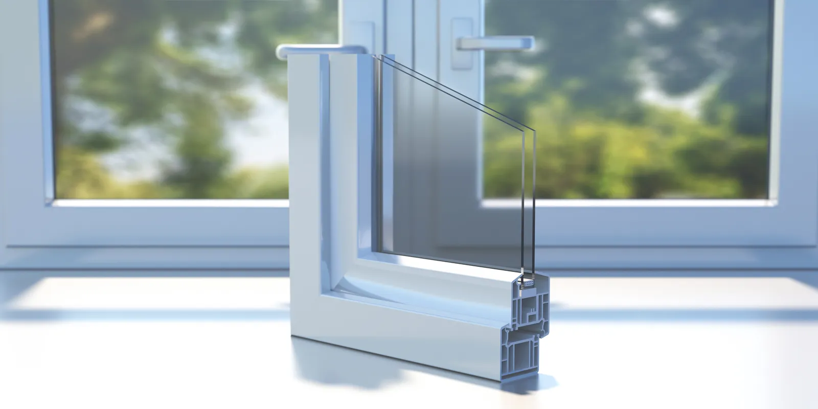 Querschnitt eines Fensterprofils mit Mehrfachverglasung