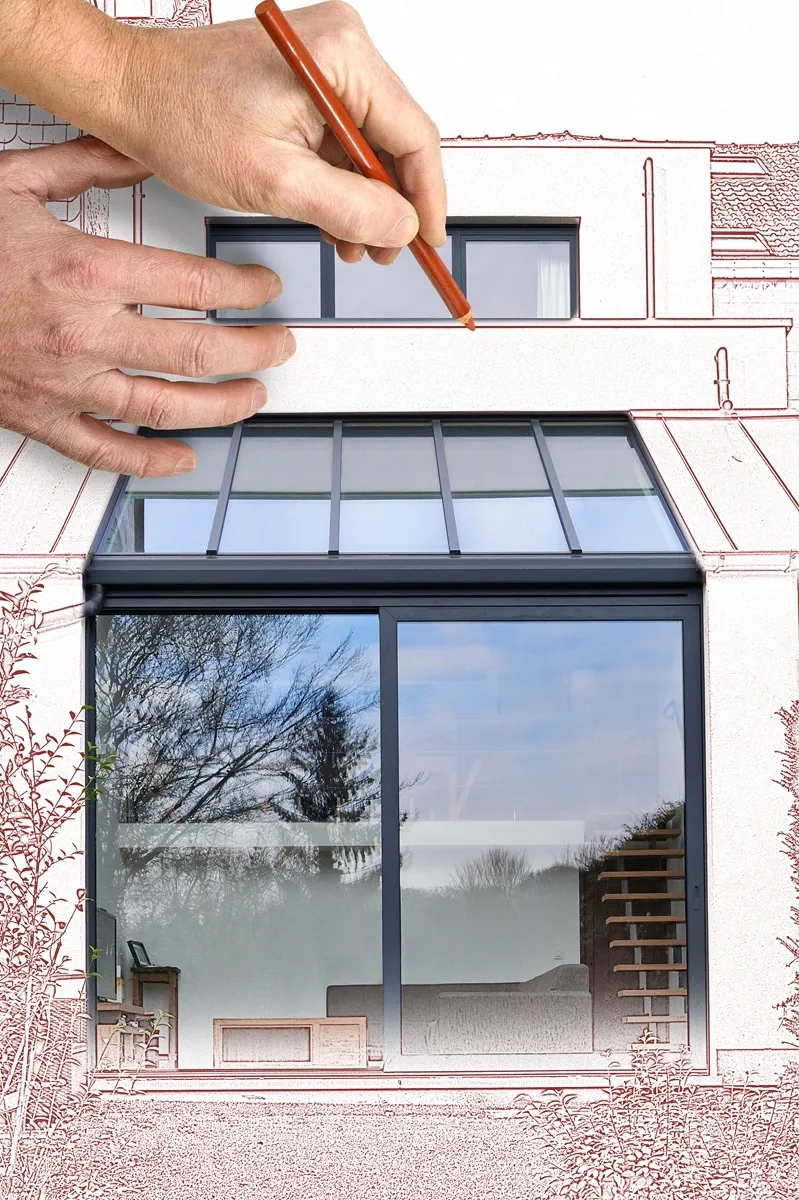 Zeichnung neuer Fenster an einem Hausentwurf
